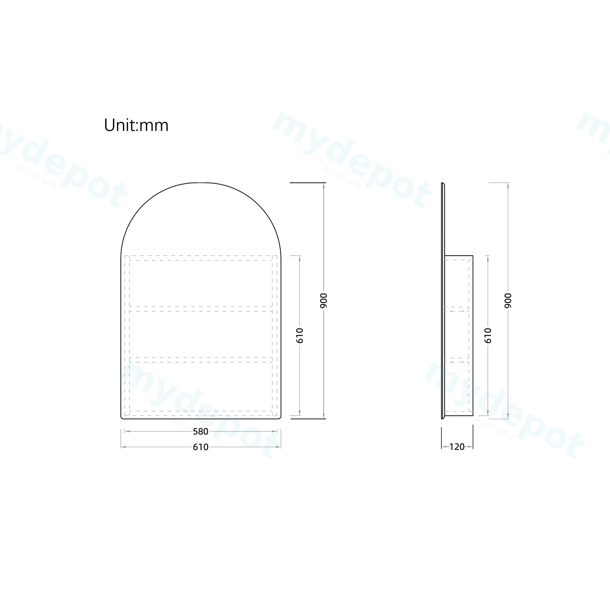 610Lx900Hx120Dmm Arched Matte Black 2PAC MDF 1 Door Shaving Cabinet view 2