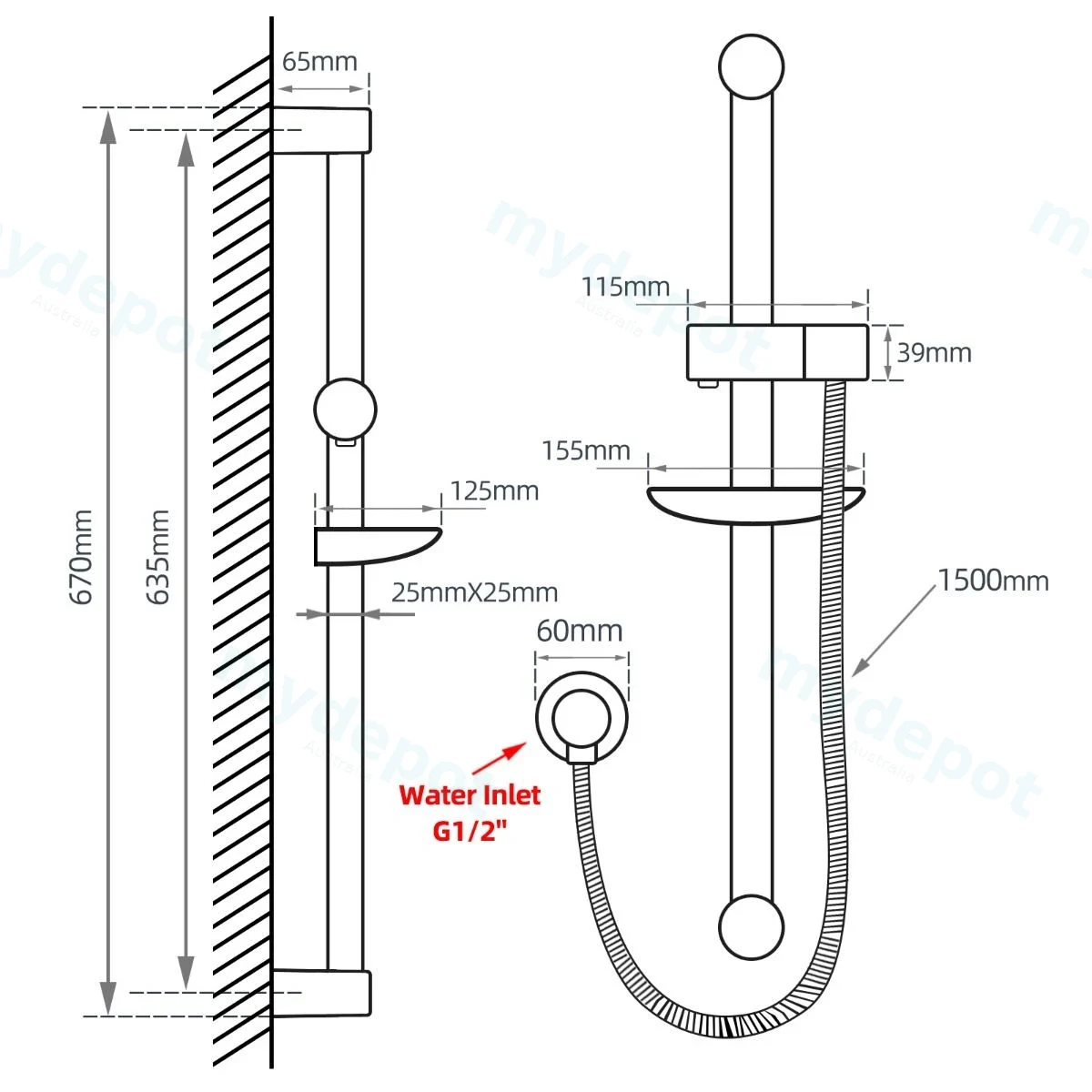 Round Chrome Shower Rail Sliding Holder with Soap Dish Water Hose & Wall Connector Only view 2