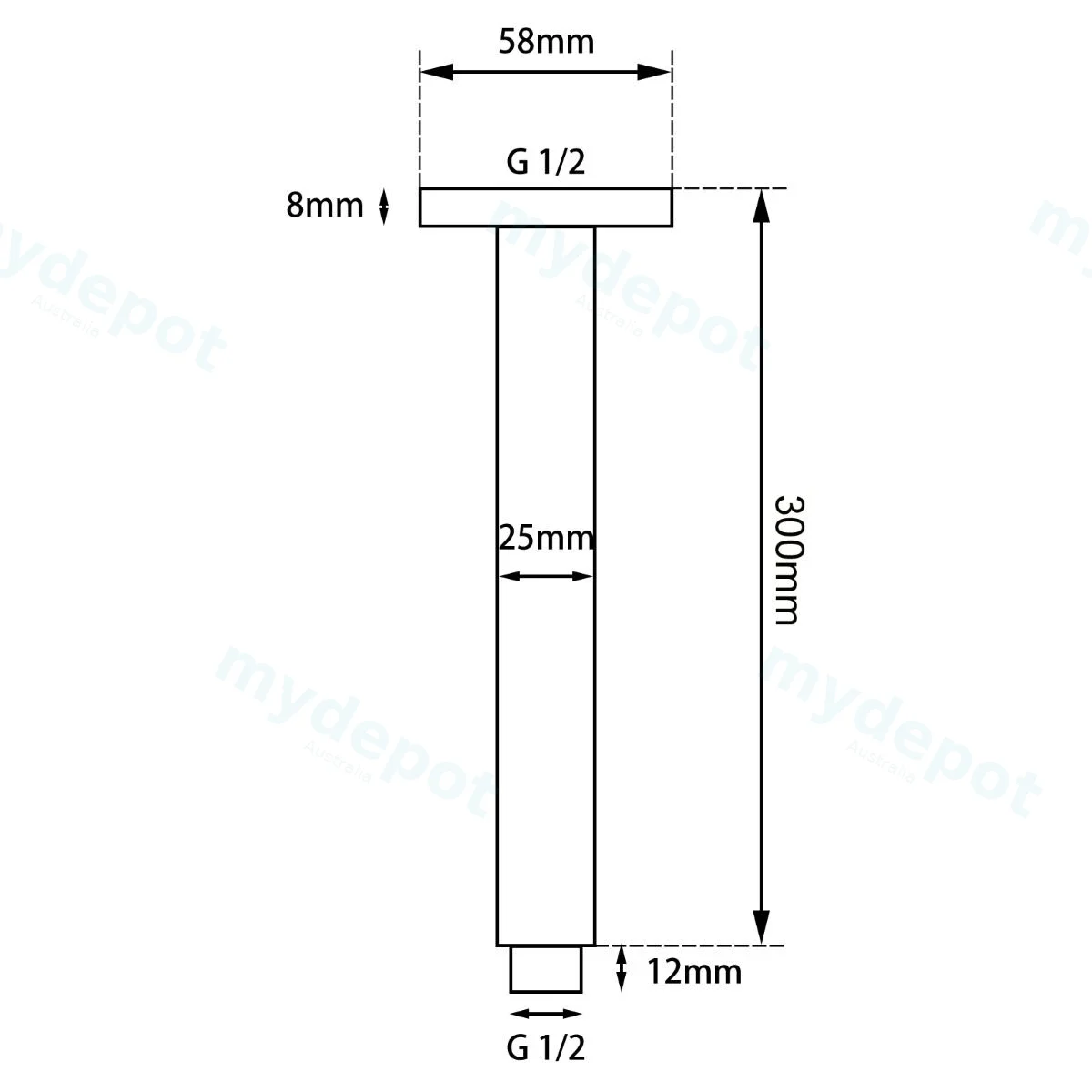 Square Chrome Ceiling Shower Arm 300mm view 2