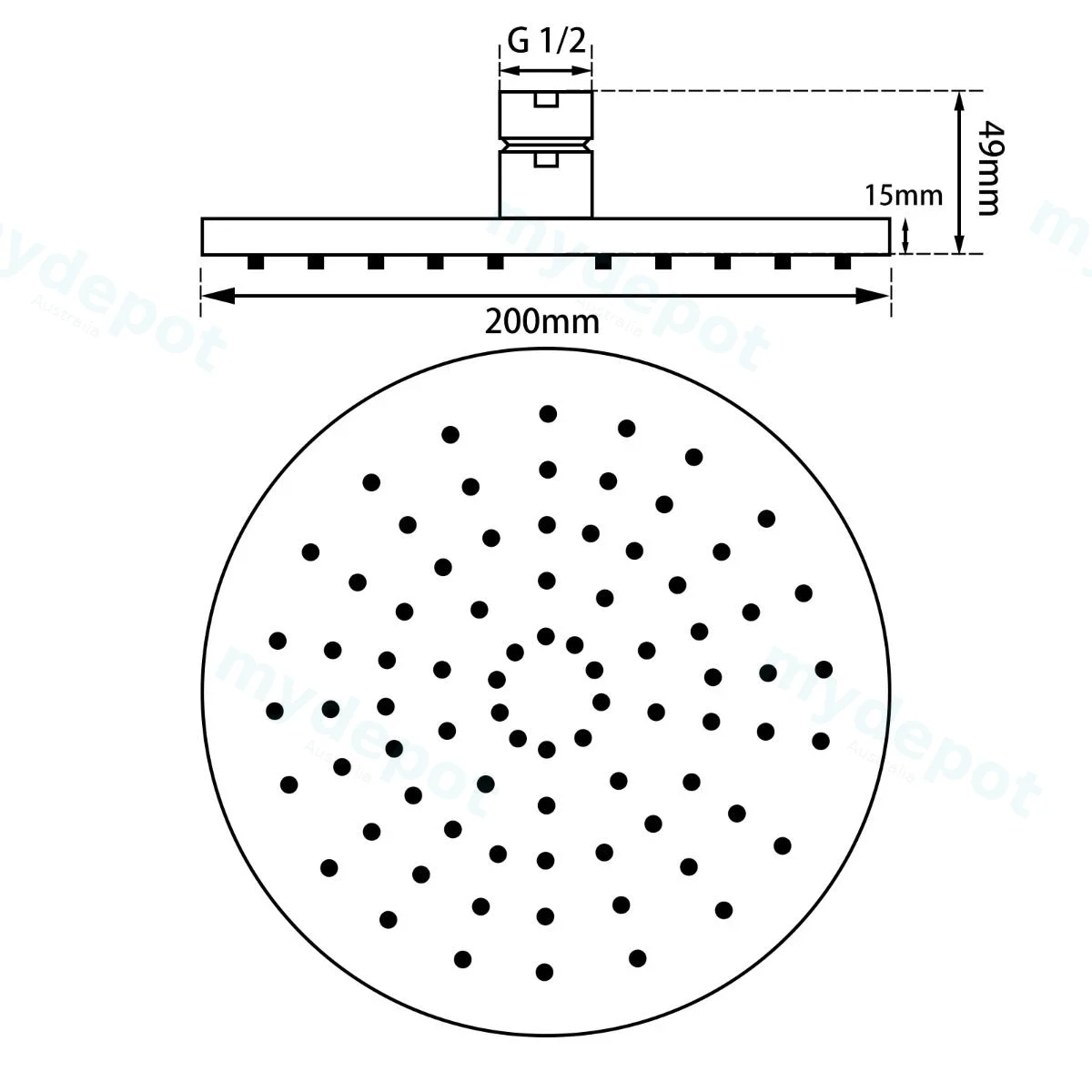 Round Black Rainfall Shower Head 200mm view 2