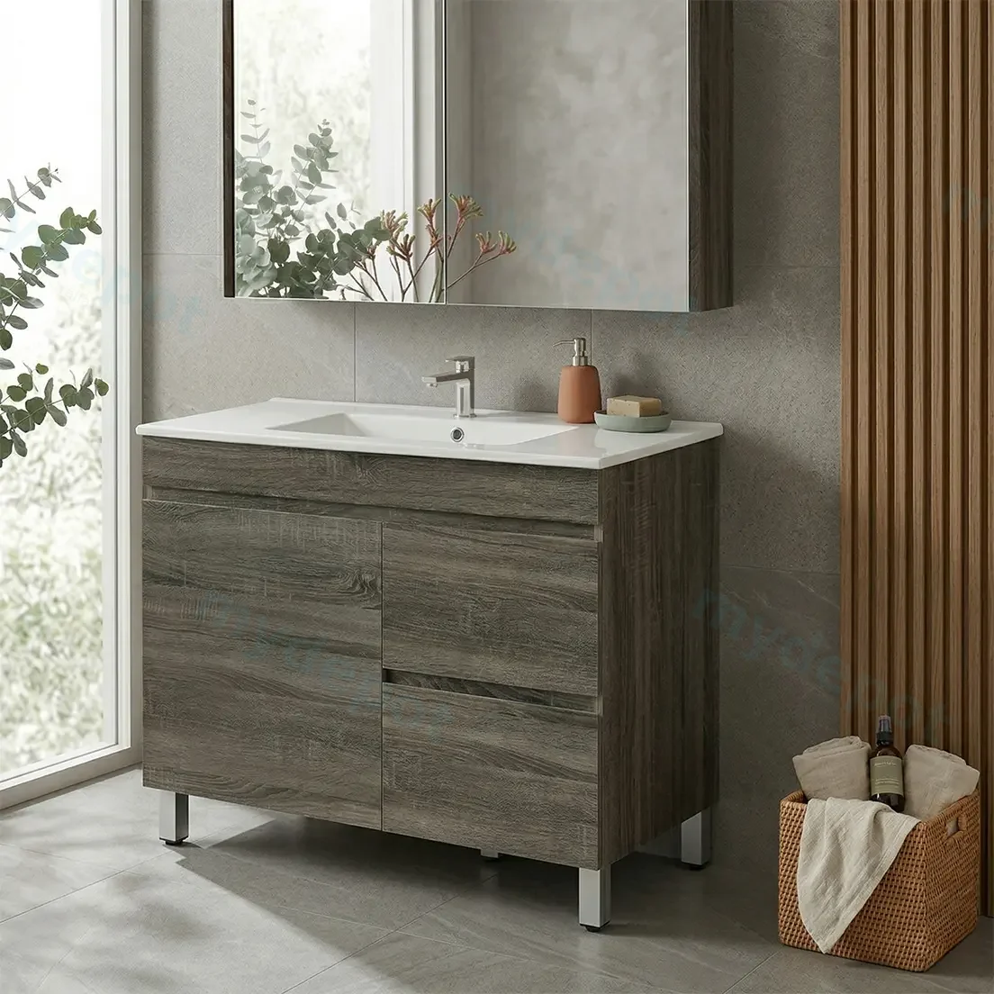 900mm Dark Grey MDF Freestanding Bathroom Vanity Cabinet Only Left Drawer PVC Vacuum Filmed view 2