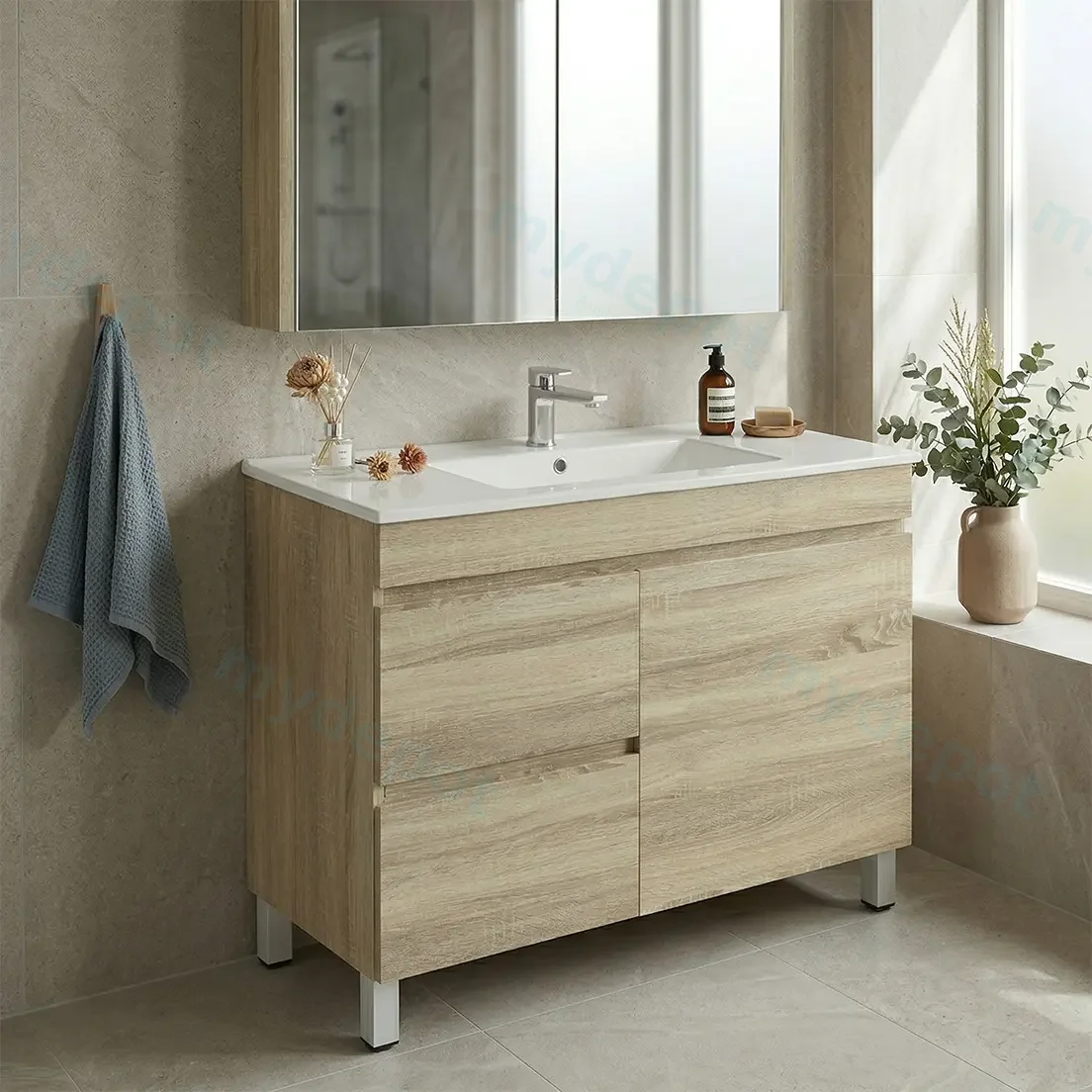 900mm White Oak MDF Freestanding Bathroom Vanity Cabinet Only Right Drawer PVC Vacuum Filmed view 2