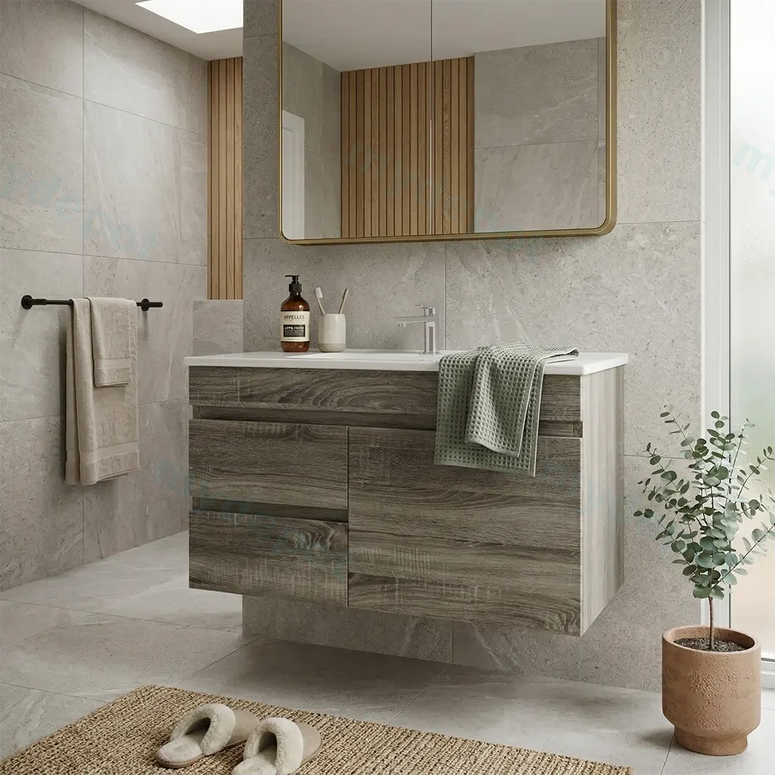 750mm Dark Grey MDF Wall Hung Bathroom Vanity Cabinet Only Left Drawer PVC Vacuum Filmed view 2