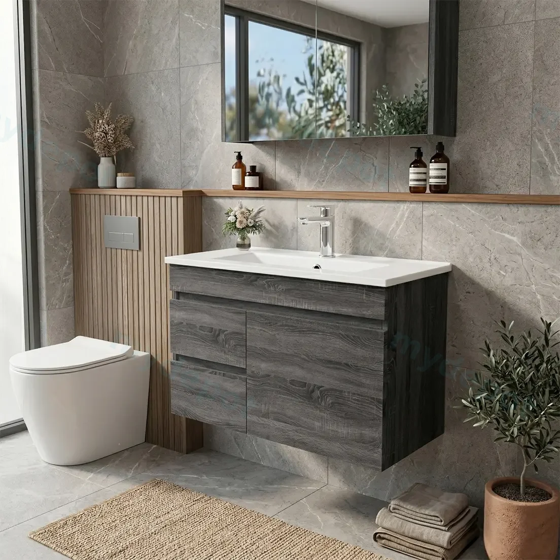 750mm Slim Dark Grey MDF Wall Hung Bathroom Vanity Cabinet Only Left Drawer PVC Vacuum Filmed view 2