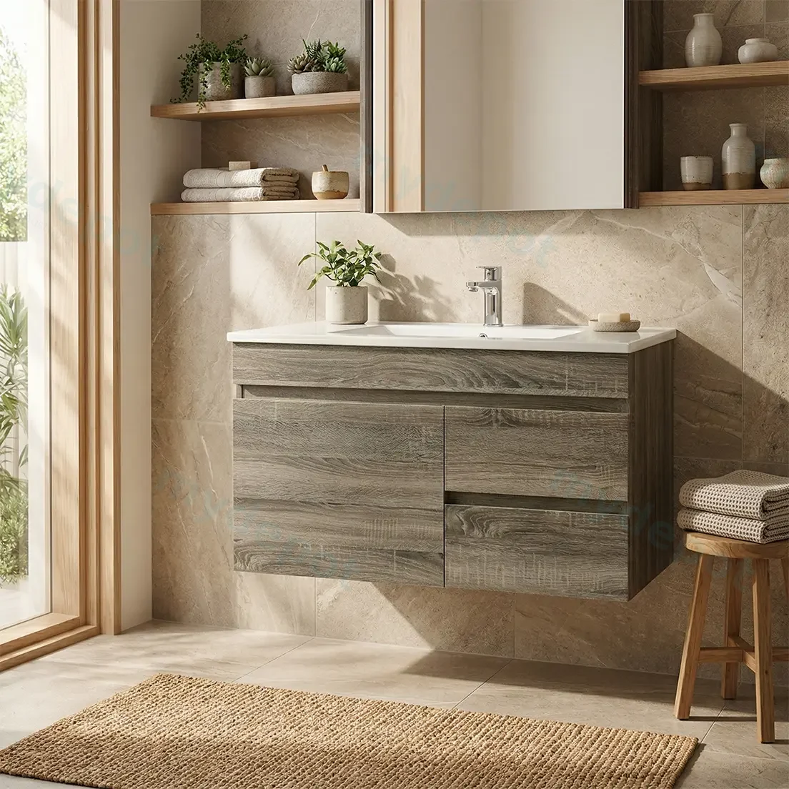 900mm Dark Grey MDF Wall Hung Bathroom Vanity Cabinet Only Left Drawer PVC Vacuum Filmed view 2