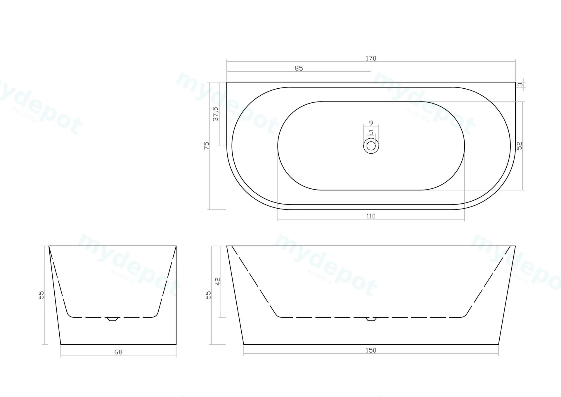 1700mm Ellis Back To Wall Bathtub Gloss White Acrylic Round Edge view 6