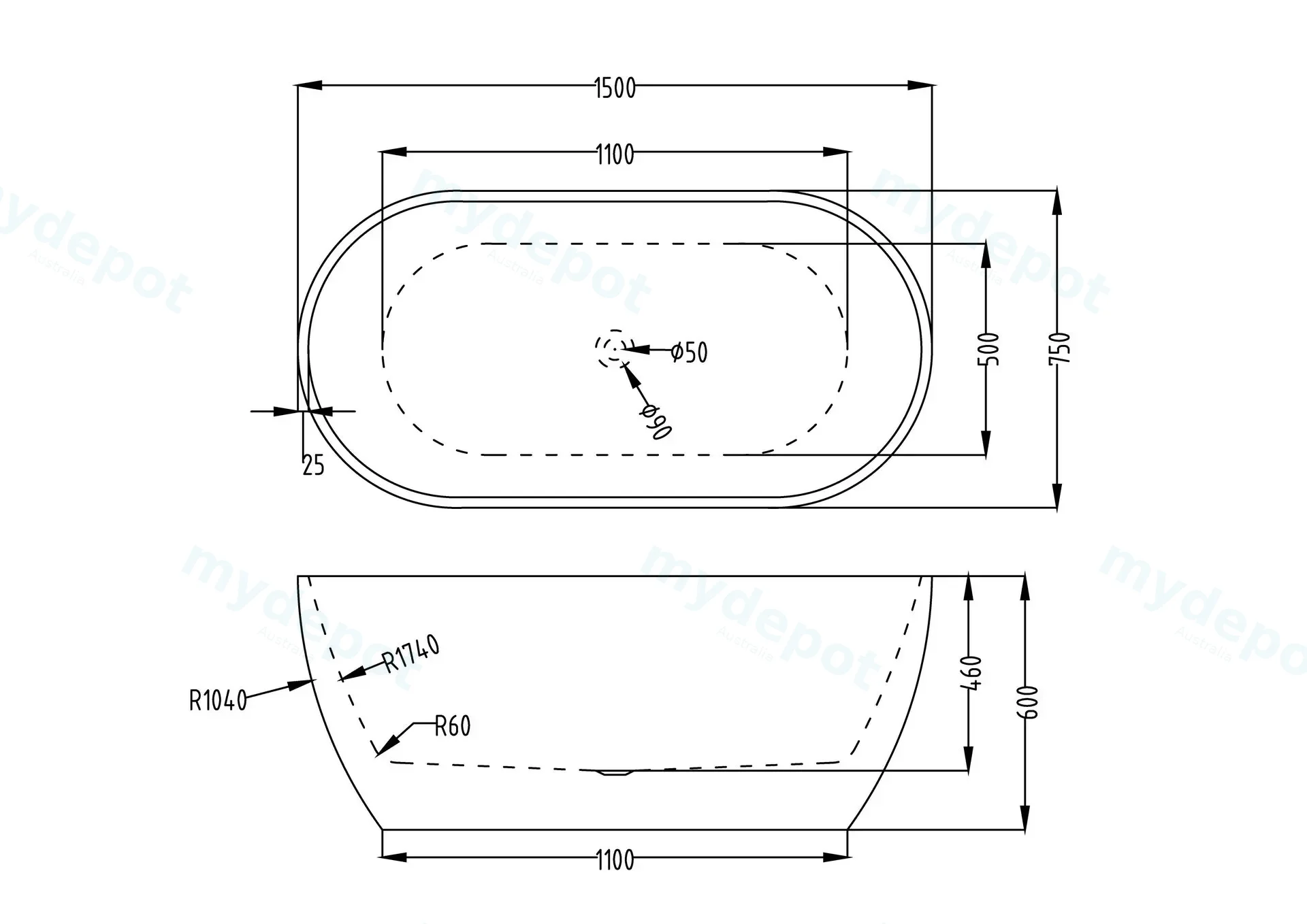 1500mm Belle Round Gloss White Acrylic Free Standing Bathtub view 7