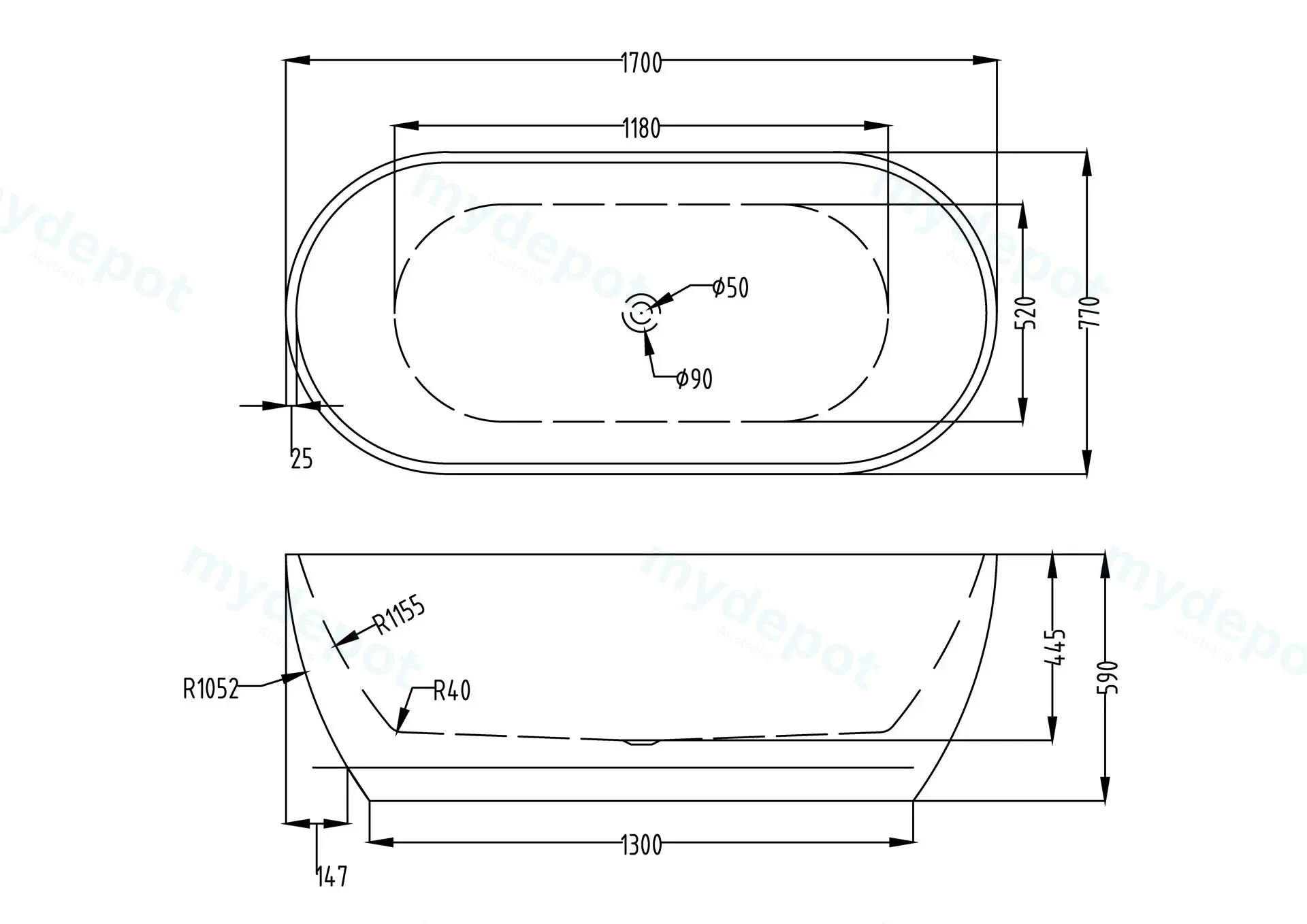 1700mm Belle Round Gloss White Acrylic Free Standing Bathtub view 7