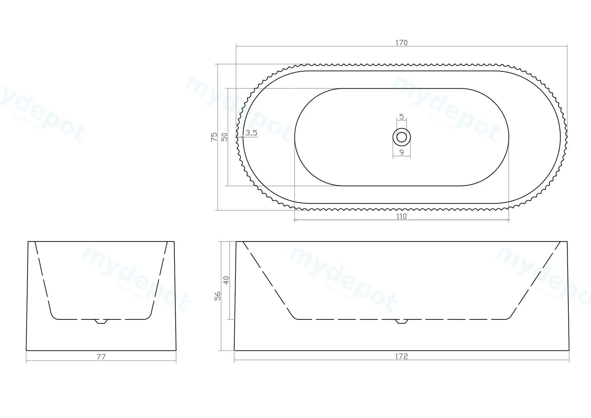 1700mm Kiama Grooved Gloss White Freestanding Bathtub view 8