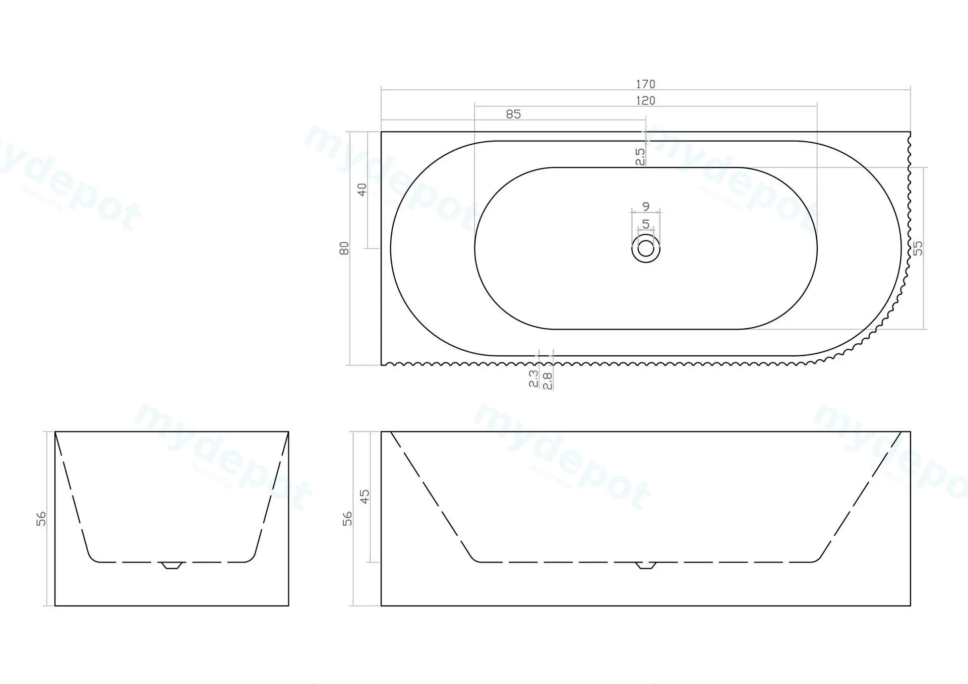 1700mm Kiama Grooved Gloss White Left Corner Fit Bathtub view 4