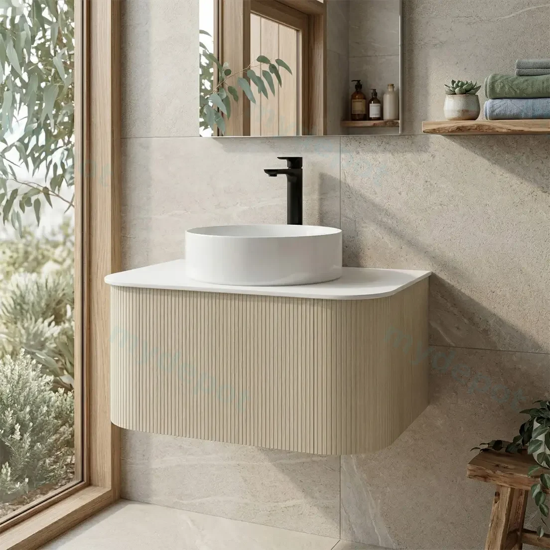 Kiama 750mm Coastal Oak One Drawer Curved Wall Hung Vanity Cabinet Only view 2