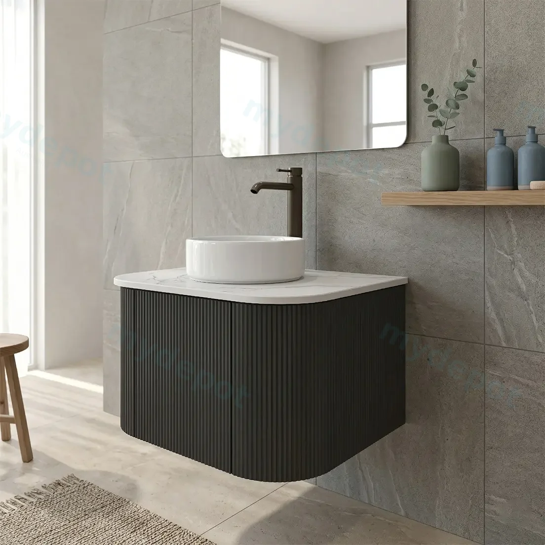 Kiama 600mm Matte Black One Door Curved Wall Hung Vanity Cabinet Only view 2