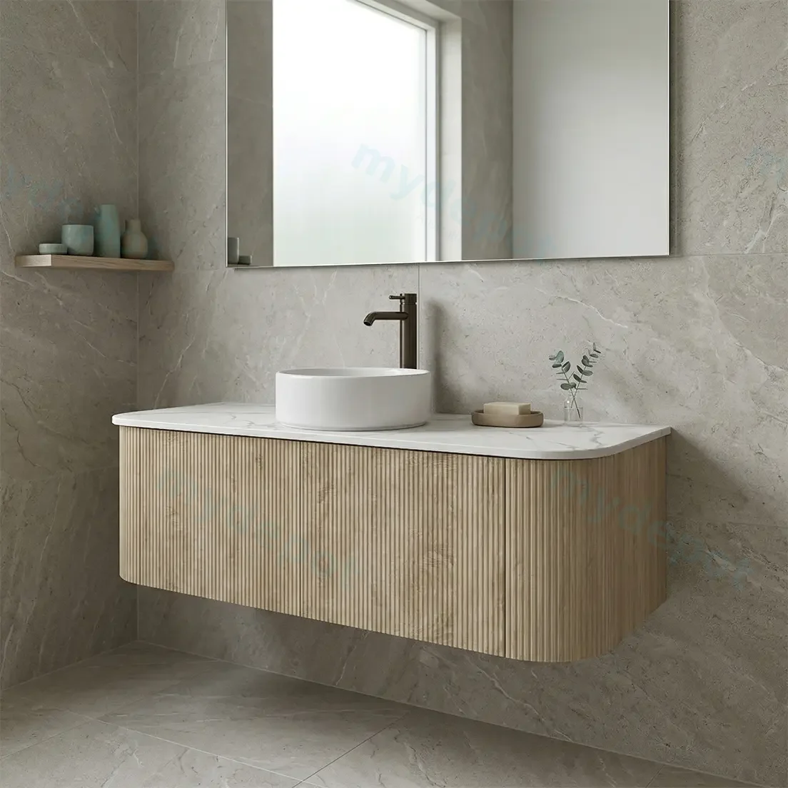 Kiama 1200mm White Oak Two Drawers Curved Wall Hung Vanity Cabinet Only view 2