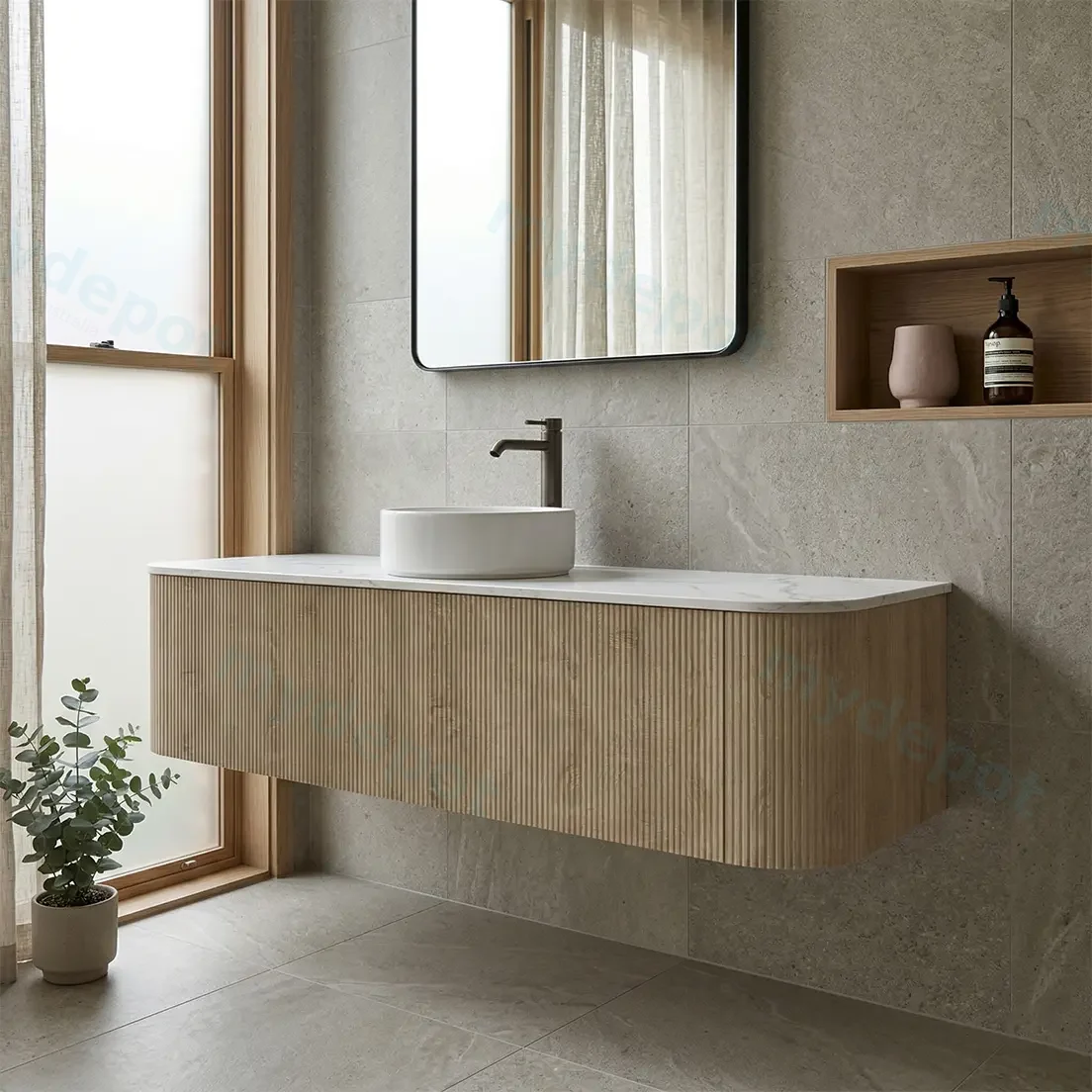 1500mm Kiama White Oak Two Drawers Curved Wall Hung Vanity Cabinet Only view 2