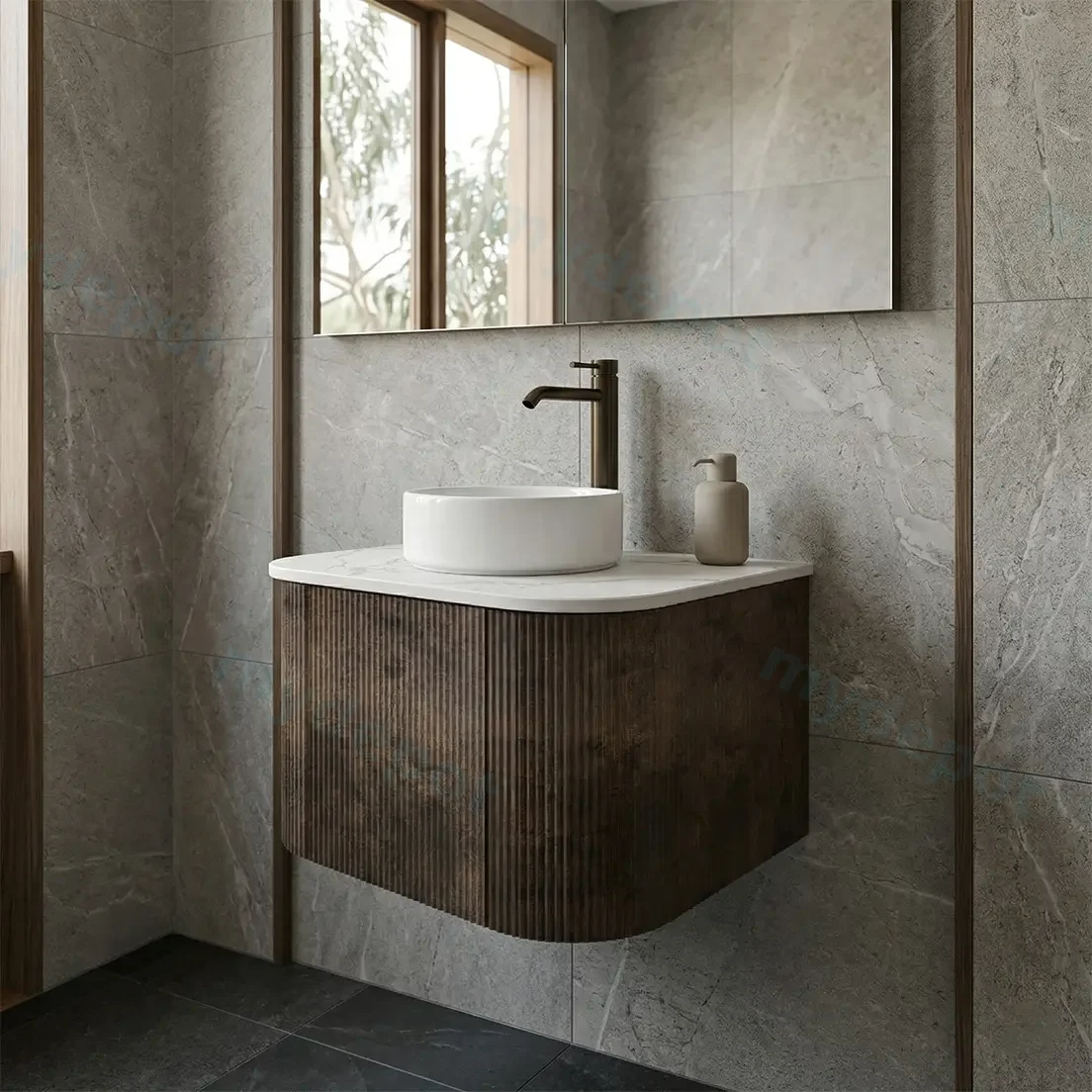 Kiama 600mm Dark Oak One Door Curved Wall Hung Vanity Cabinet Only view 2