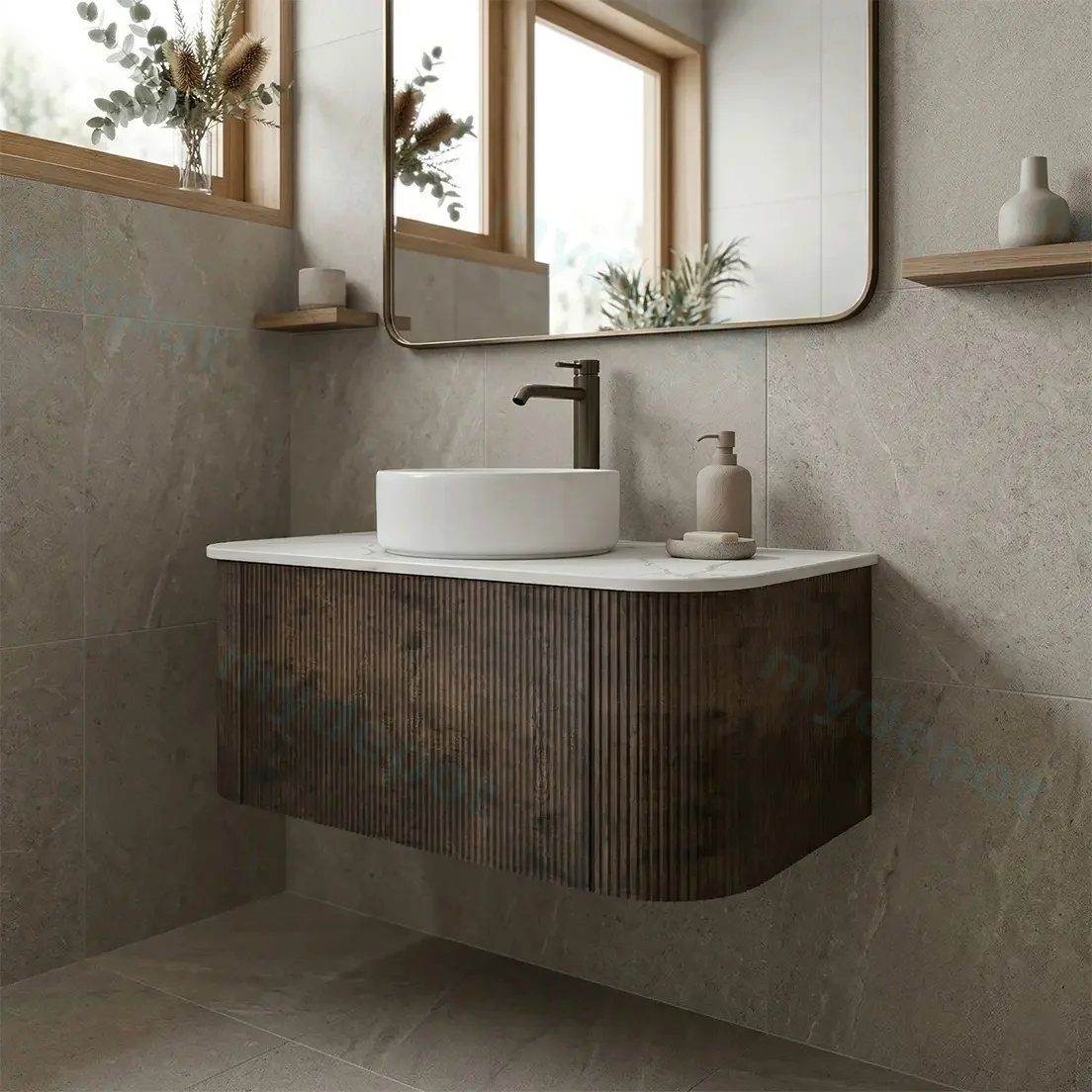 Kiama 900mm Dark Oak One Drawer Curved Wall Hung Vanity Cabinet Only view 2