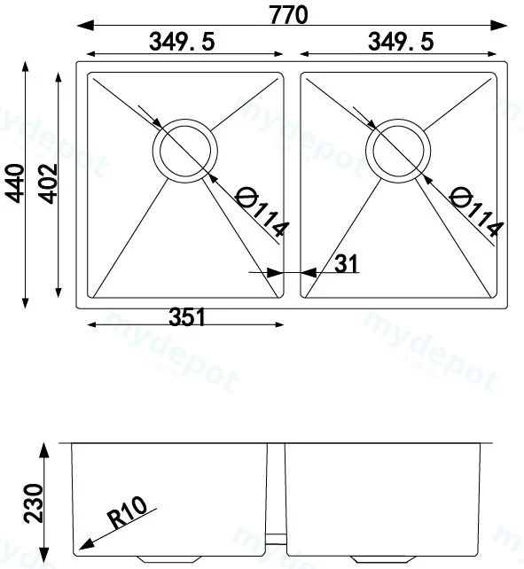 770*440*230mm Double Bowls Top/Undermount Kitchen/Laundry Stainless Steel Sink view 2