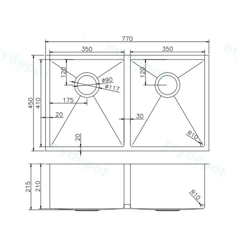 304 Stainless Steel Brushed Gold PVD Coating Double Bowl Kitchen Sink(Round Edges,with Bottom Tray)770*450*215mm view 2