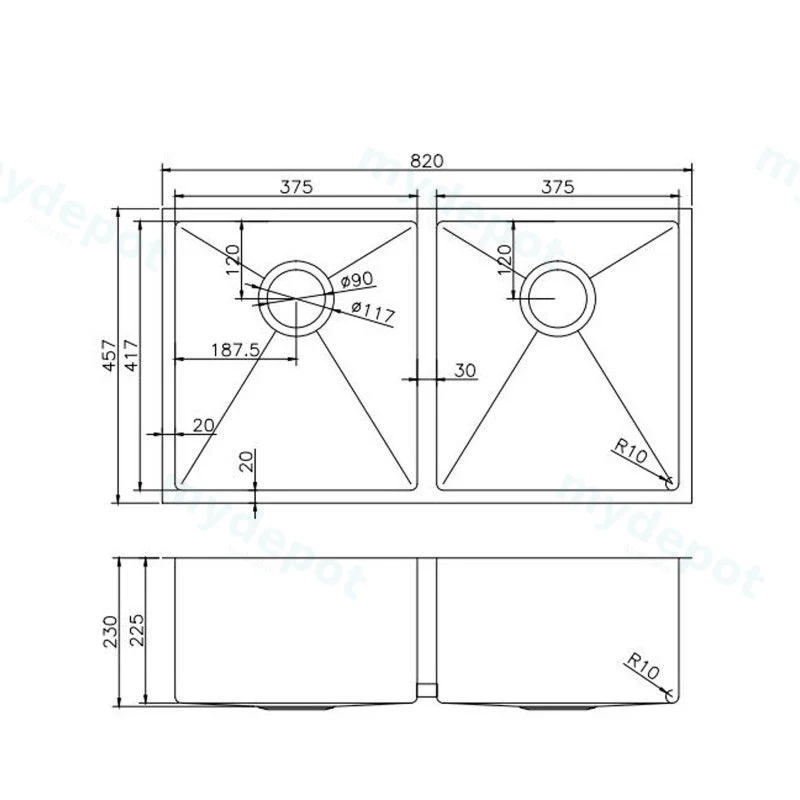 304 Stainless Steel Brushed Gold PVD Coating Double Bowl Kitchen Sink(Round Edges,with Bottom Tray)820*457*230mm view 2