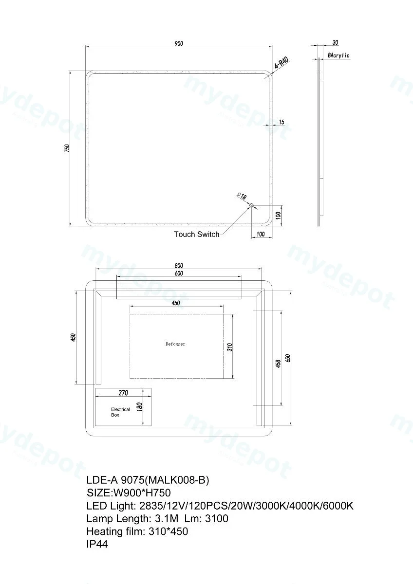 900*750mm Curved Rim Rectangle 3 Color Lighting Acrylic LED Mirror Touch Sensor Switch Wall Mounted Vertical or Horizontal view 2