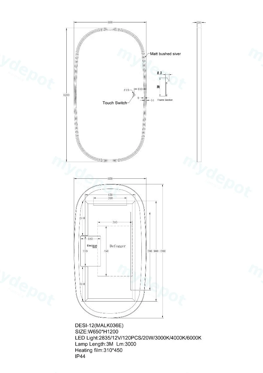 1200x650mm Dressing Led Mirror With Mirror Touch Switch view 2