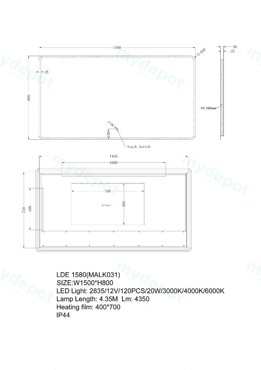 1500*800mm Frosted Glass Edge 3 Color Lighting Backlit LED Mirror Touch Sensor Switch view 2