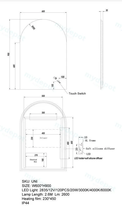600*900mm Arch 3 Color Lighting Backlit LED Mirror with Touch Sensor Switch view 2