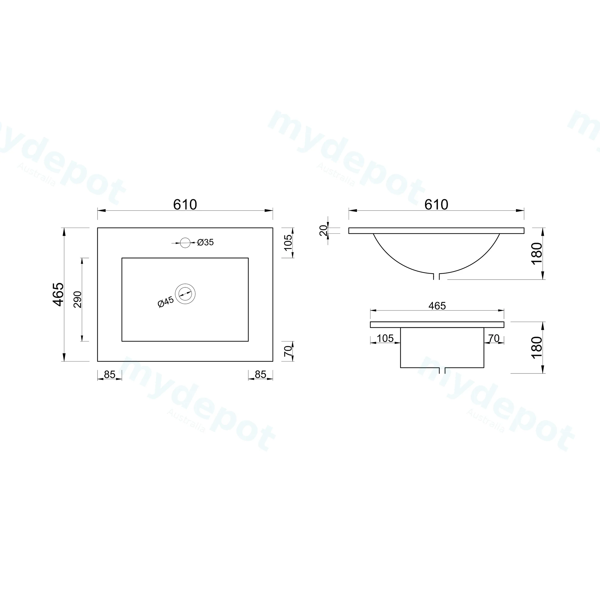 600Lx460Dx180HMM NANA Gloss White Thin Edge Ceramic Top view 3