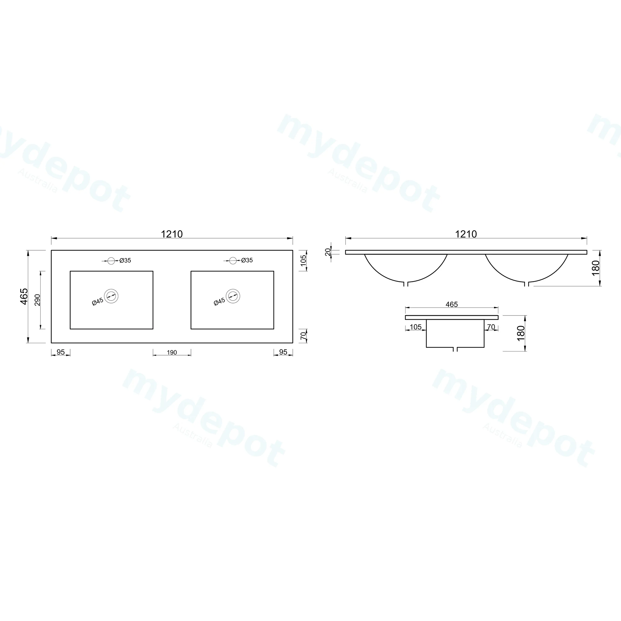 1200Lx460Dx180HMM NANA Gloss White Thin Edge Ceramic Top Double Basins view 2