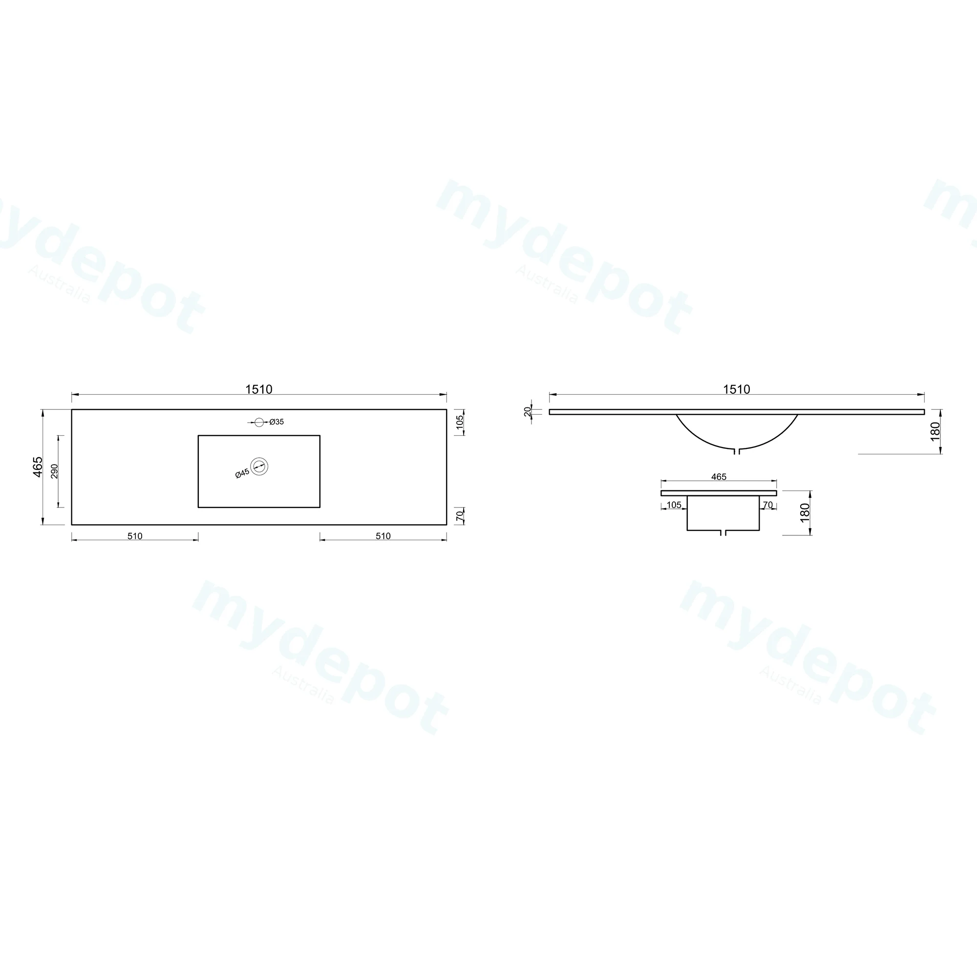 1500Lx460Dx180HMM NANA Gloss White Thin Edge Ceramic Top view 2