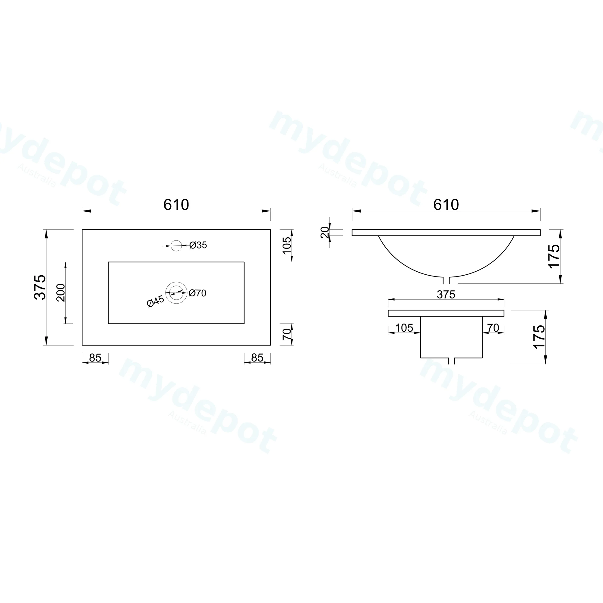 600Lx360Dx175HMM NANA Gloss White Thin Edge Ceramic Top view 3