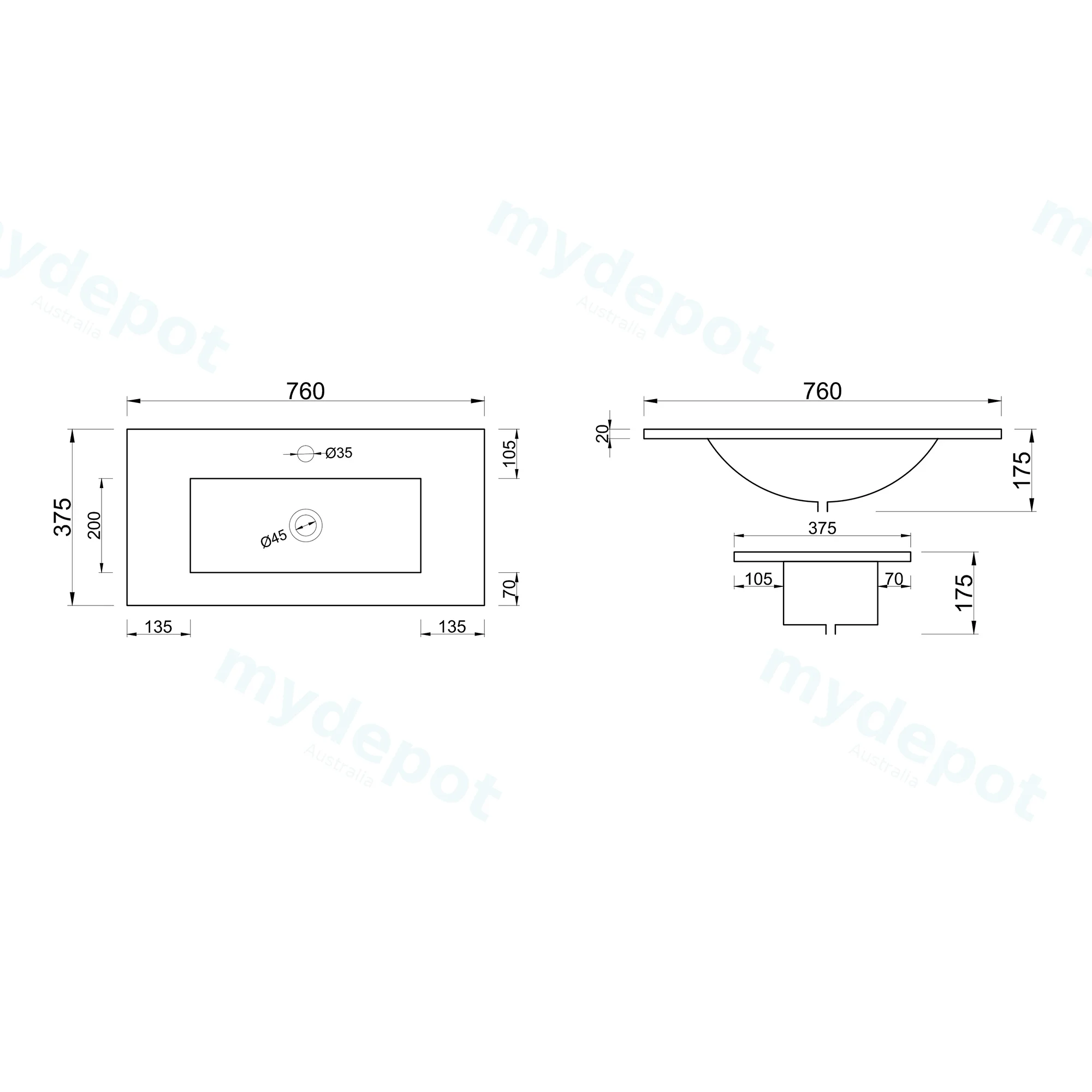 750Lx360Dx175HMM NANA Gloss White Thin Edge Ceramic Top view 3