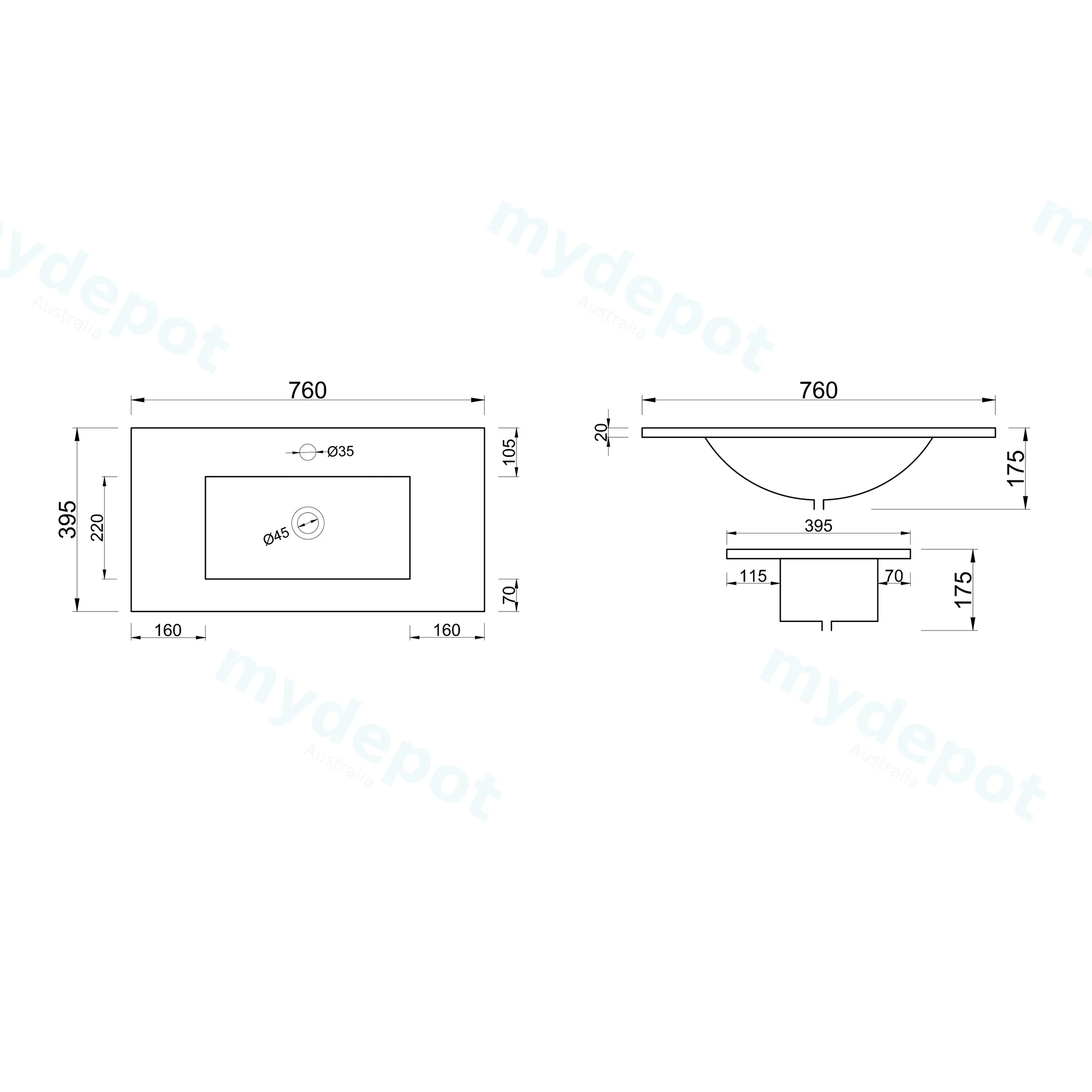 750x395x175mm Slim Gloss White Thin Edge Ceramic Basin Top Bathroom Vanity Sink view 2