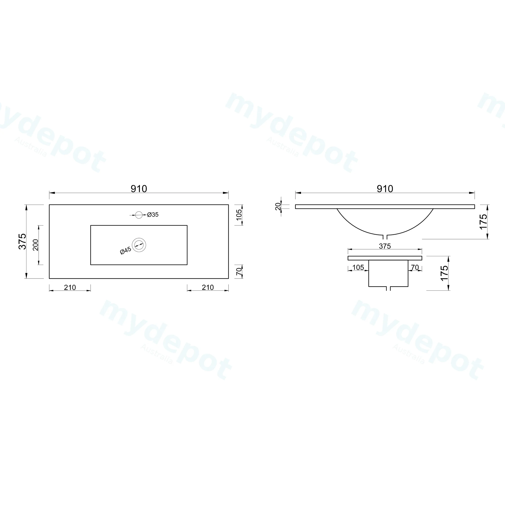 900Lx360Dx175HMM NANA Gloss White Thin Edge Ceramic Top view 3