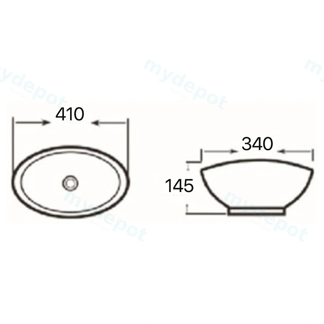 410x340x145mm Oval Gloss White Ceramic Above Counter Basin Non-overflow view 5