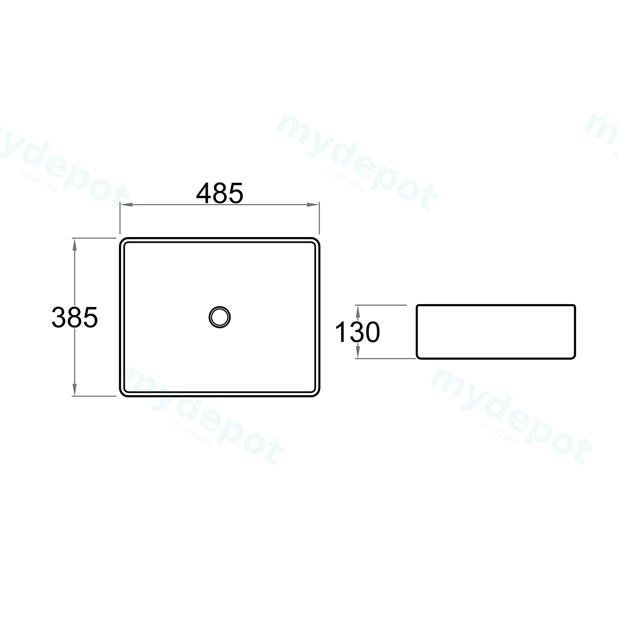 485x385x130mm Rectangle Gloss White Ceramic Above Counter Basin Non-overflow view 5