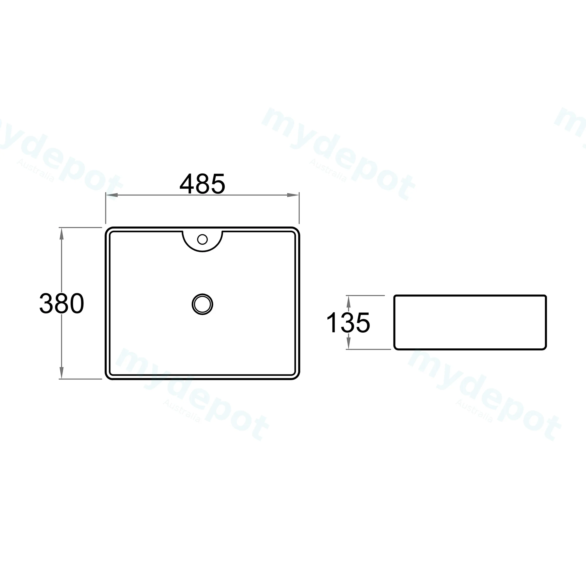 485x380x135mm Rectangle Gloss White Ceramic With 1 Tap Hole Above Counter Basin Non-overflow view 4