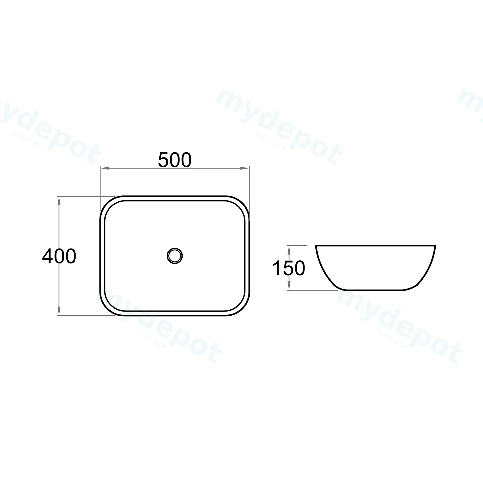 500x400x150mm Rectangle Gloss White Ceramic Above Counter Basin Non-overflow view 6