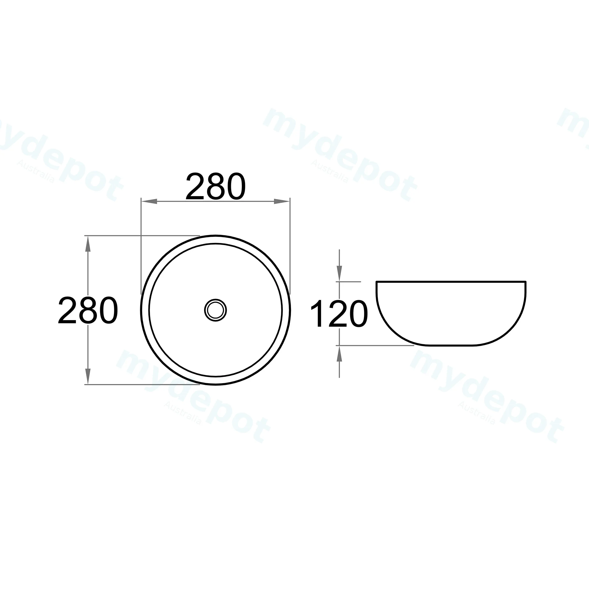 280x280x120mm Round Gloss White Ceramic Above Counter Basin Non-overflow view 4