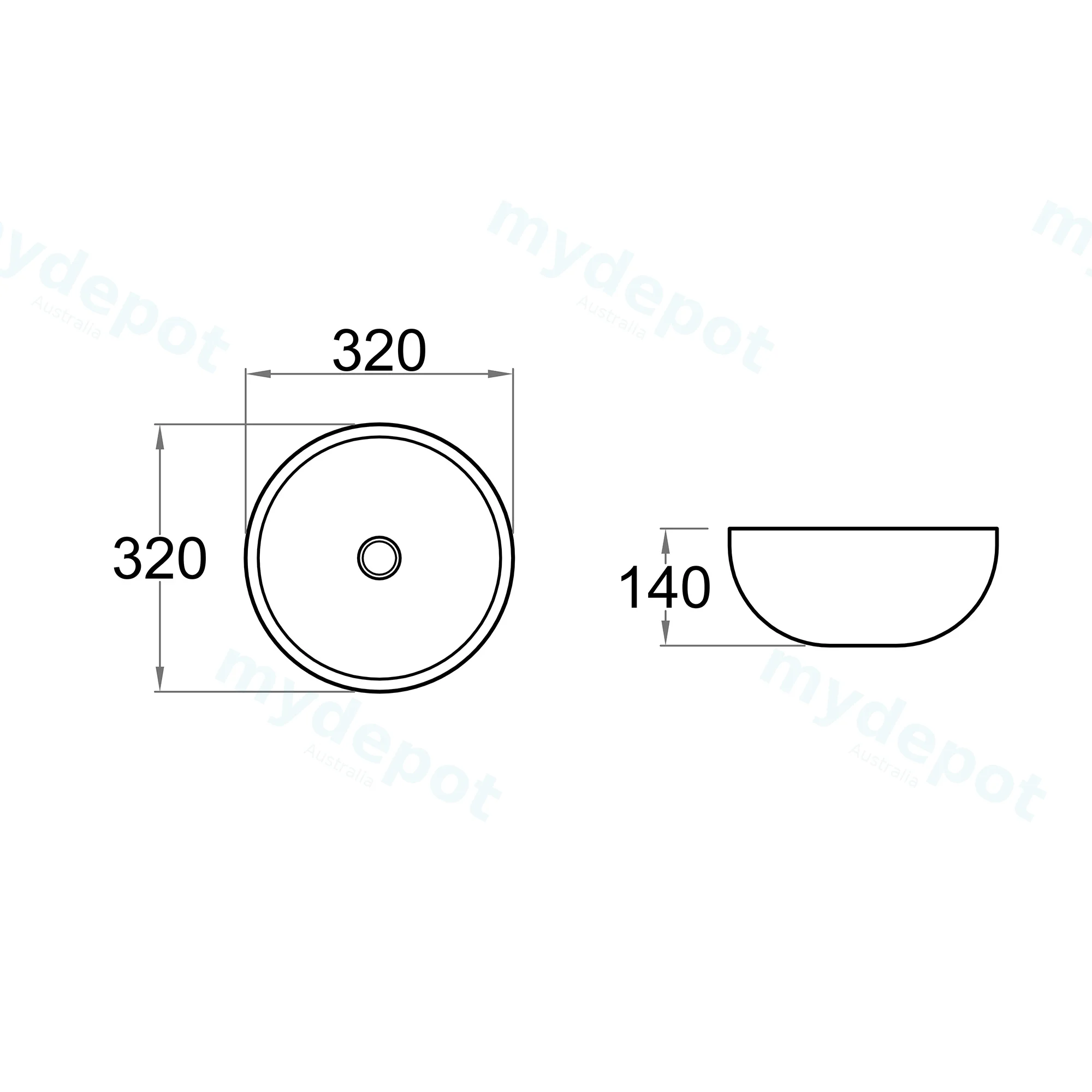 320x320x140mm Round Gloss White Ceramic Above Counter Basin Non-overflow view 4