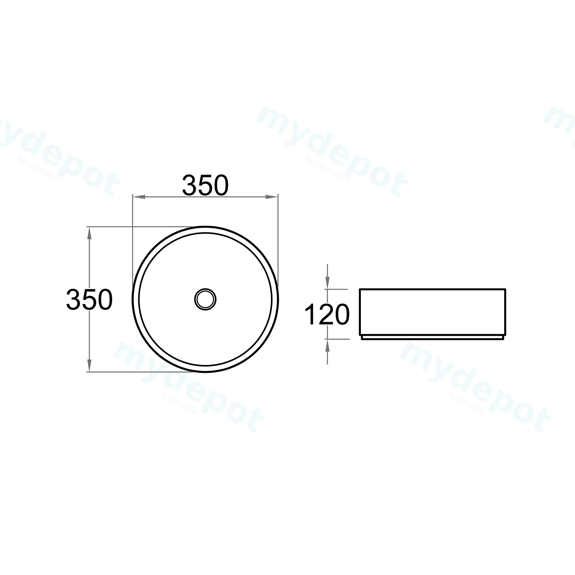 350x350x120mm Round Gloss White Ceramic Above Counter Basin Non-overflow view 6