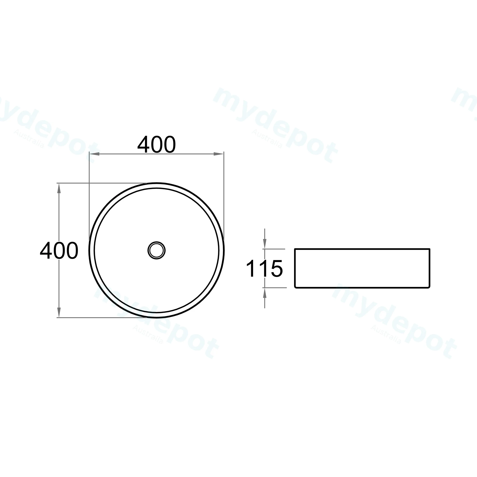 400x400x115mm Round Gloss White Ceramic Above Counter Basin Non-overflow view 7