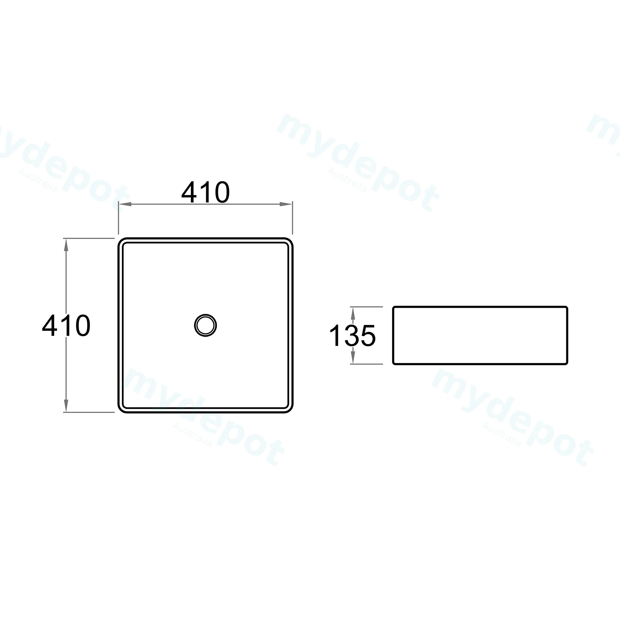 370x370x135mm Square Gloss White Ceramic Above Counter Basin Non-overflow view 5
