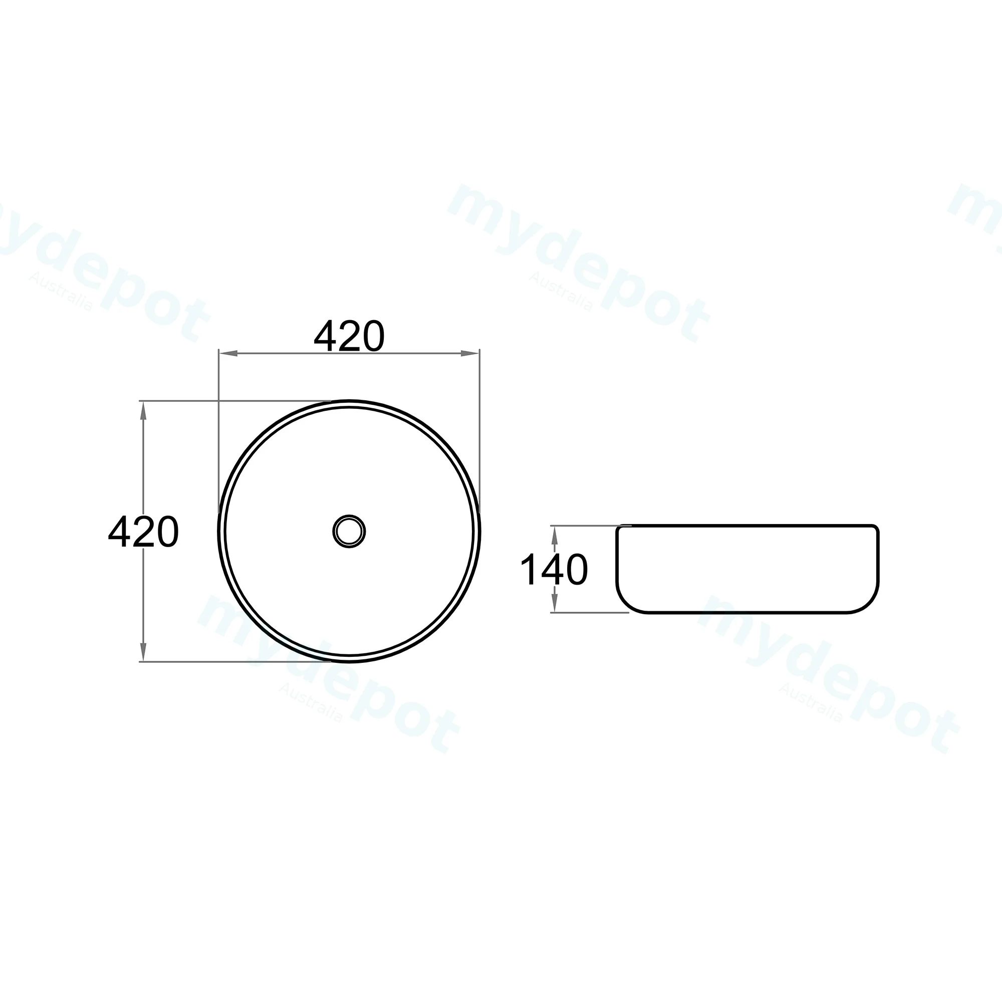 420x420x140mm Round Gloss White Ceramic Above Counter Basin Non-overflow view 6
