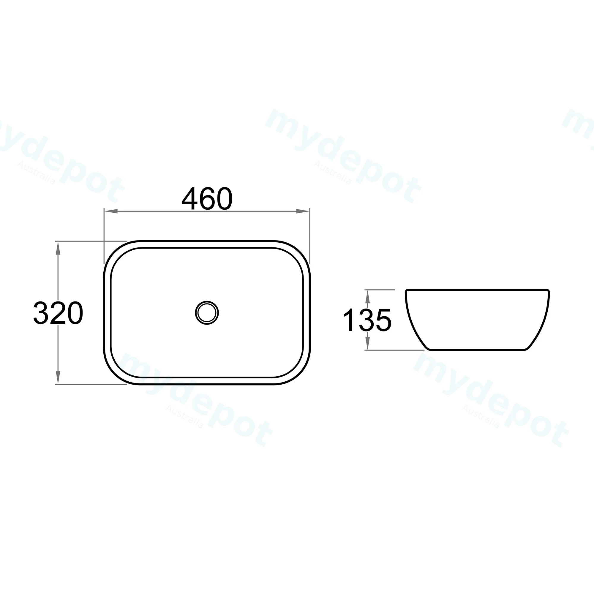 460x320x135mm Rectangle Gloss White Ceramic Above Counter Basin Non-overflow view 4