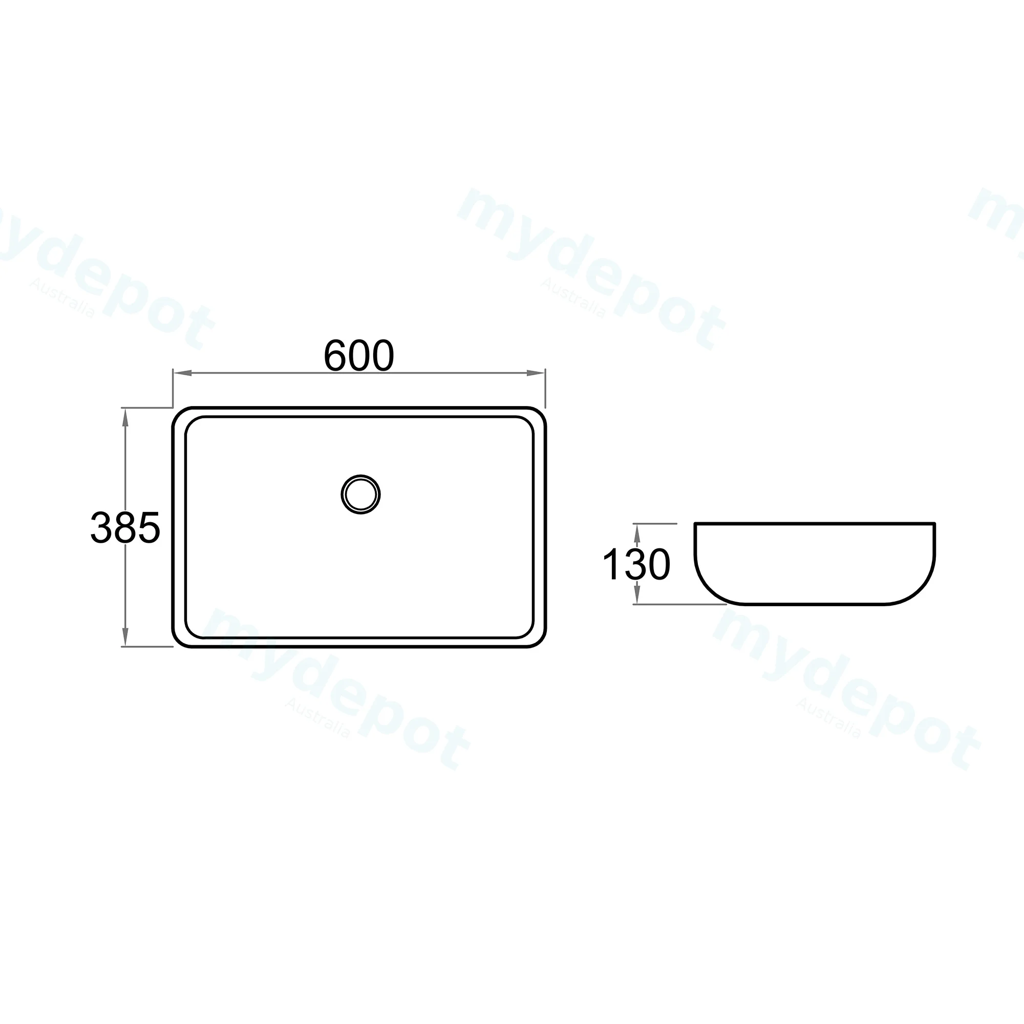 600x385x130mm Rectangle Gloss White Ceramic Above Counter Basin Non-overflow view 7