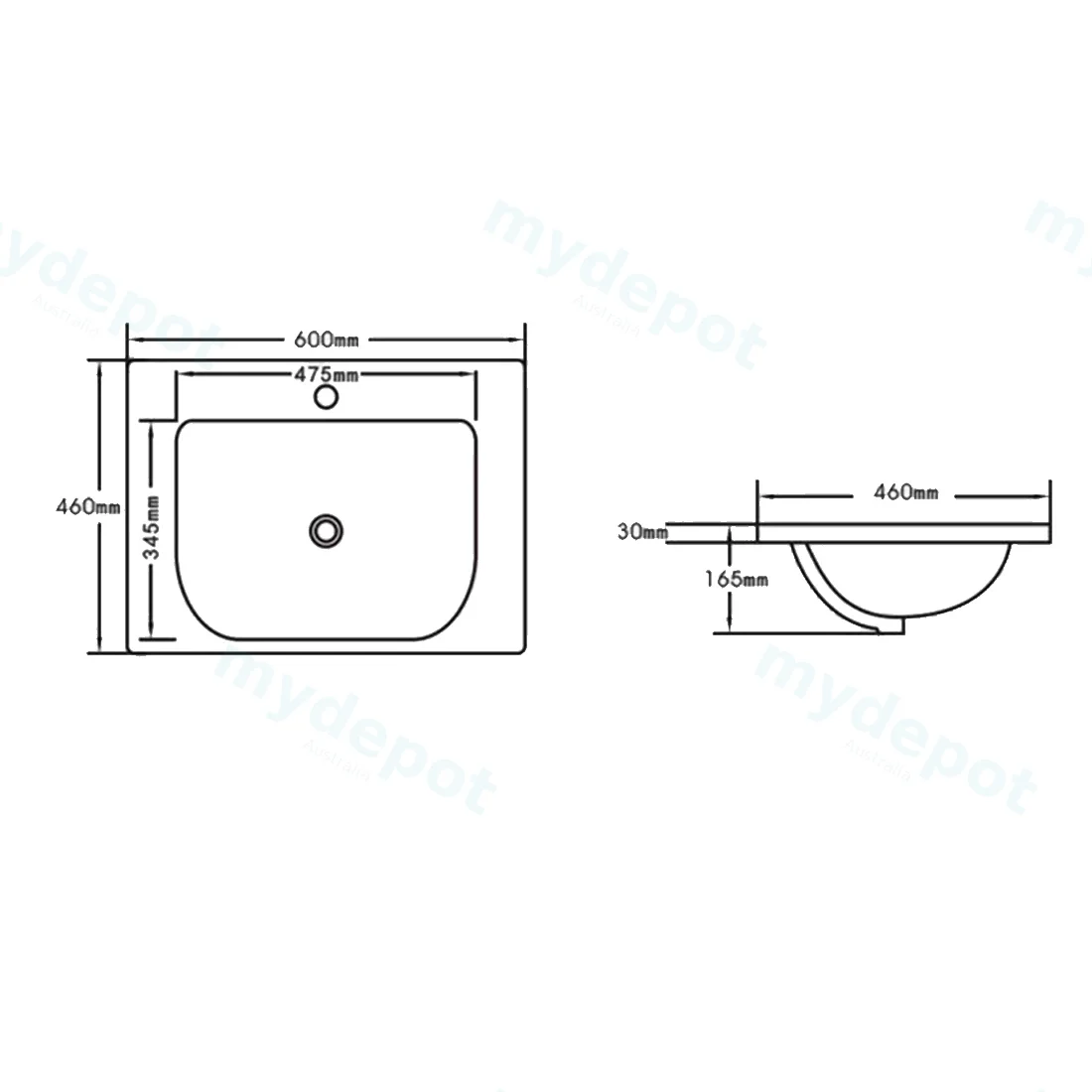600x460x165mm Eden D Shape Basin Ceramic Top view 2