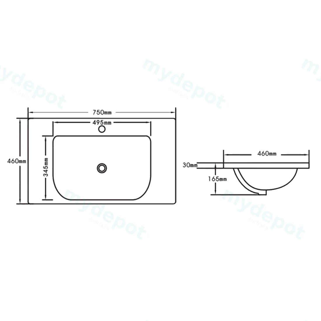 750x460x165mm Eden D Shape Basin Ceramic Top view 2