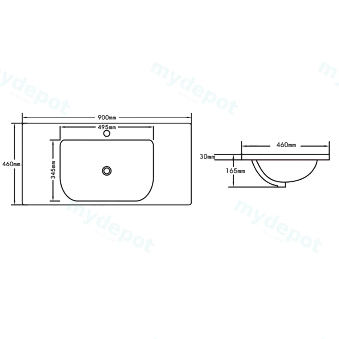 900x460x165mm Eden D Shape Basin Ceramic Top view 2