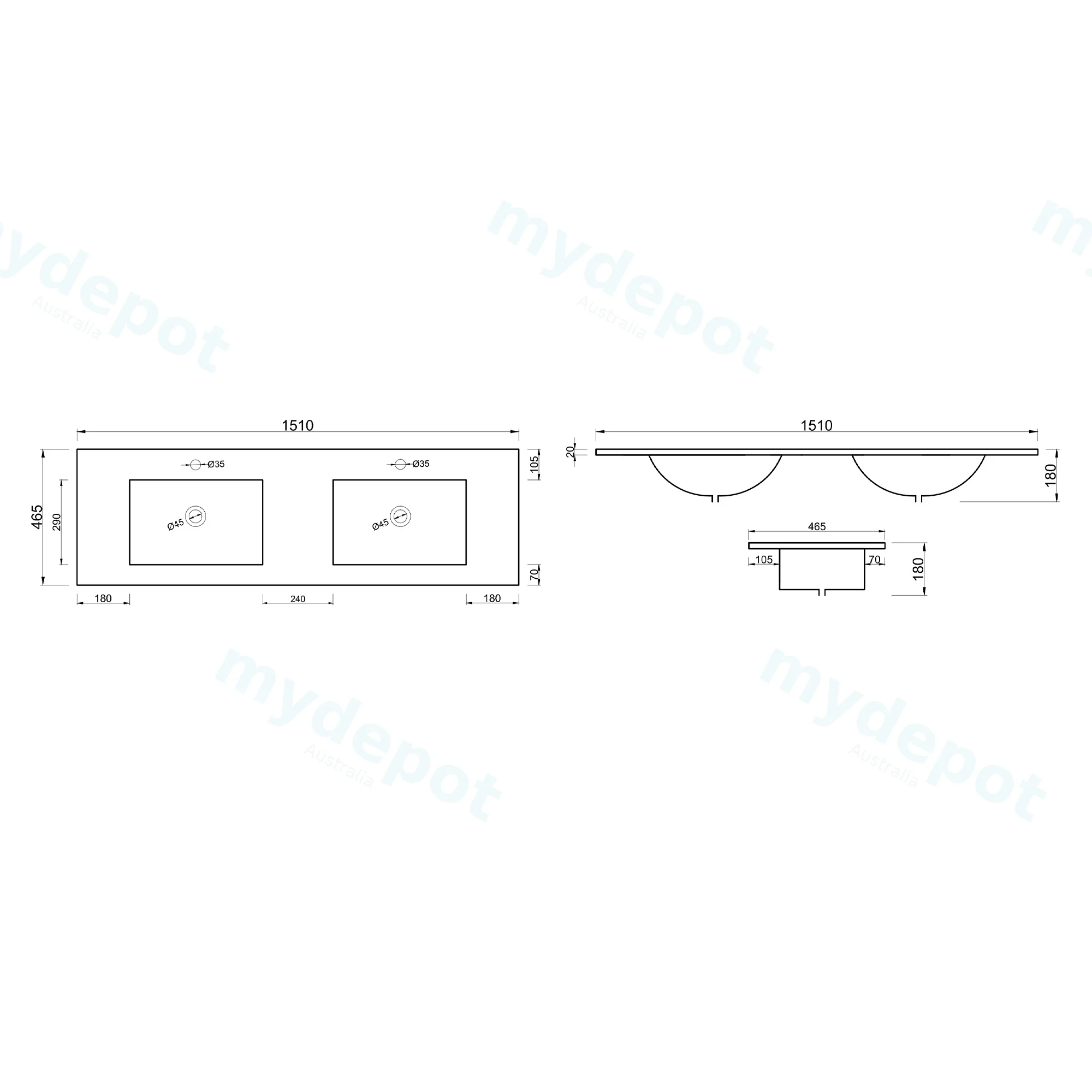 1500L*460D*180HMM GLOSS WHITE THIN EDGE CERAMIC TOP DOUBLE BOWLS view 3